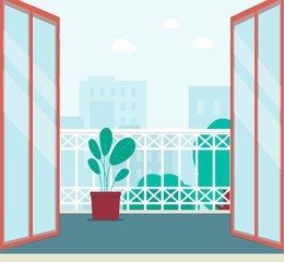 Cityscape view from open doors of balcony or terrace, flat vector illustration.