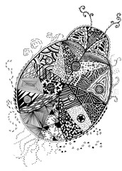 Biedronka w technice zentangle, doodleart, czarno-biała