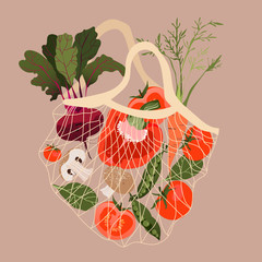 Vegetables in a mesh. Variety of fresh vegetables in a recycling bag. Trendy hand-drawn vector illustration for web and banner design. Grocery, supermarket, and shopping concept. Healthy lifestyle.