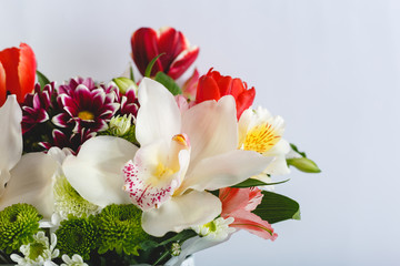 Bouquet of colorful spring flowers on white background with copy space. Bouquet of tulips, orchids, chrysanthemums flowers for Mothers Day, Valentine Day, birthday concept, Hello spring