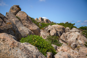 The spectacular pink granite rock formations of the island of Maddalena in Sardinia, Italy.