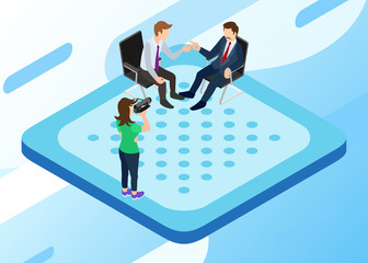 Isometric Vector Illustration Representing An Interview Session between a Presenter and a Businessman on A Talkshow Program