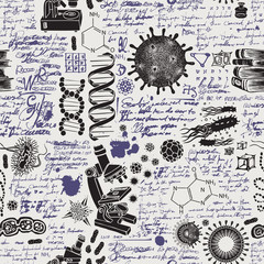 Vector seamless pattern on the theme of chemistry, biology, genetics, medicine in retro style. Hand-drawn background with sketches, doodles, unreadable notes, illegible entries and ink blots