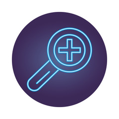 magnifying glass with medical cross symbol neon style