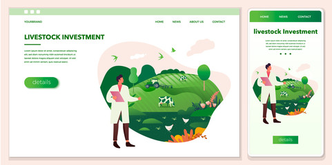 A set of vector cross-platform illustrations - an agronomist looks at agricultural fields. Tractor, farm animals, cows in a pasture, a bird on a green background.Browser and mobile phone template