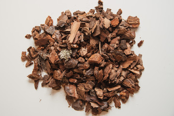 A pile of medium-sized pine bark for planting Phalaenopsis orchids close-up on a white background....