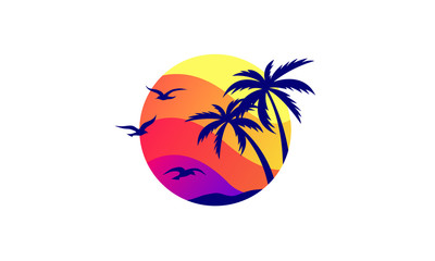 Vector Illustration of a Tropical Island Beach with Palm Trees Paradise Graphic