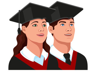 College girl and boy students, university graduates in graduation cap and gown set. Vector illustration.