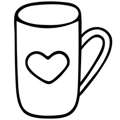 Mug with a heart. Vector illustration. Outline on an isolated background. Doodle style. Sketch Love mug design. Dishes for a hot drink. A pause for a cup of tea. Idea for web design, menu. 