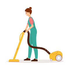 Cleaner woman using yellow vacuum cleaner to clean the floor.