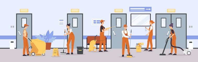 Cleaner service team cleaning floors and walls in office or hospital corridor
