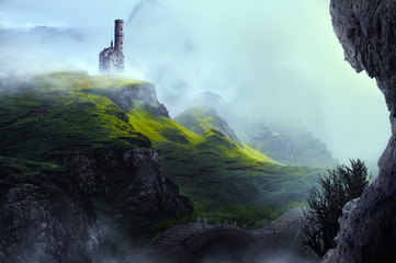 fantasy castle with clouds over the mountains