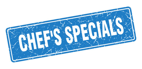 chef's specials stamp. chef's specials vintage blue label. Sign