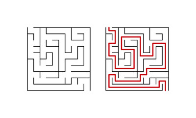 Labyrinth maze game for little children. Simple puzzle with solution. Vector illustration.