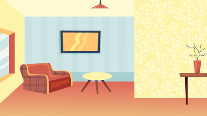 Cozy Living Room Interior Concept. Modern Home Interior With Armchair, Coffee Table Vase With Decorations And Window. Modern Minimalistic Style Living Room. Cartoon Flat Style. Vector Illustration