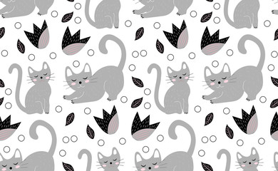 Cute cats seamless pattern. Kittens endless background, repeating texture. Vector illustration