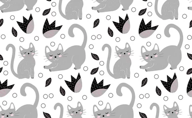 Wall murals Cats Cute cats seamless pattern. Kittens endless background, repeating texture. Vector illustration