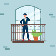 Businessman character talking on phone on balcony, flat vector illustration.