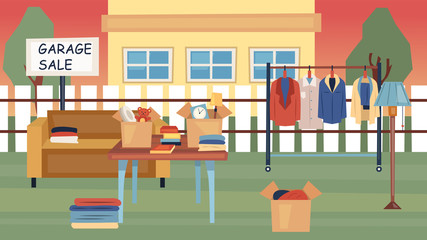 Garage Sale Concept. Offered For Sale Used Things On Street Near The House. Used Jewelry, Stylish Clothing, Decorative Objects And Other Items Of Domestic Use. Cartoon Flat Style. Vector Illustration