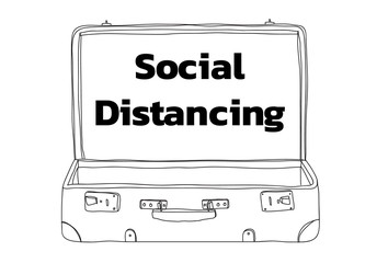 social distancing and empty Suitcase vintagehand drawn line art illustration vector