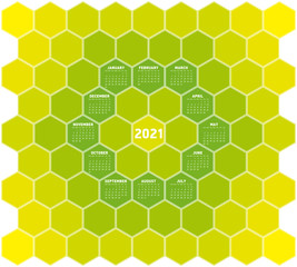 Colorful Calendar design for year 2021 in an hexagonal pattern. In vector format.