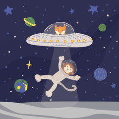 Funny alien fox in UFO with ray of light from spaceship kidnapping monkey astronaut from Moon. Outer space with stars and planets background. Cute isolated vector illustration in flat style.