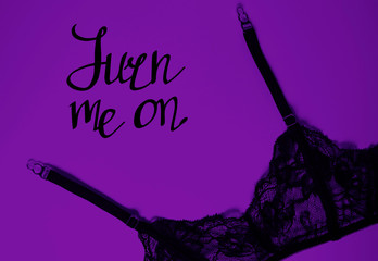 Garter belt on violet background. Turn me on. Sexy lingerie for women. Erotic underwear, black...
