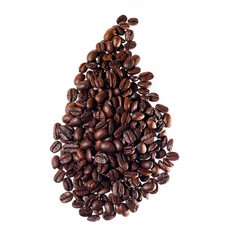 Fresh coffee beans spilled on white background.