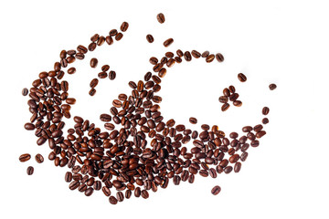 Fresh coffee beans spilled on white background.