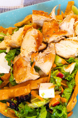 delicious plate of chicken salad with different vegetables and fruits, to start healthy diets