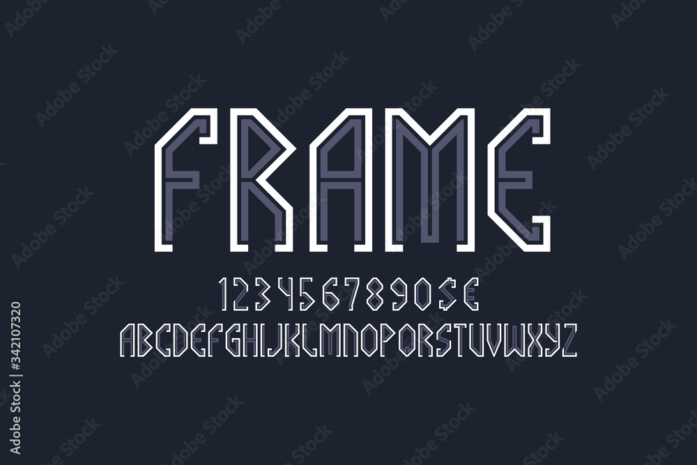 Fototapete frame artistic display font. gray white angular letters, numbers and currency signs. isolated englis