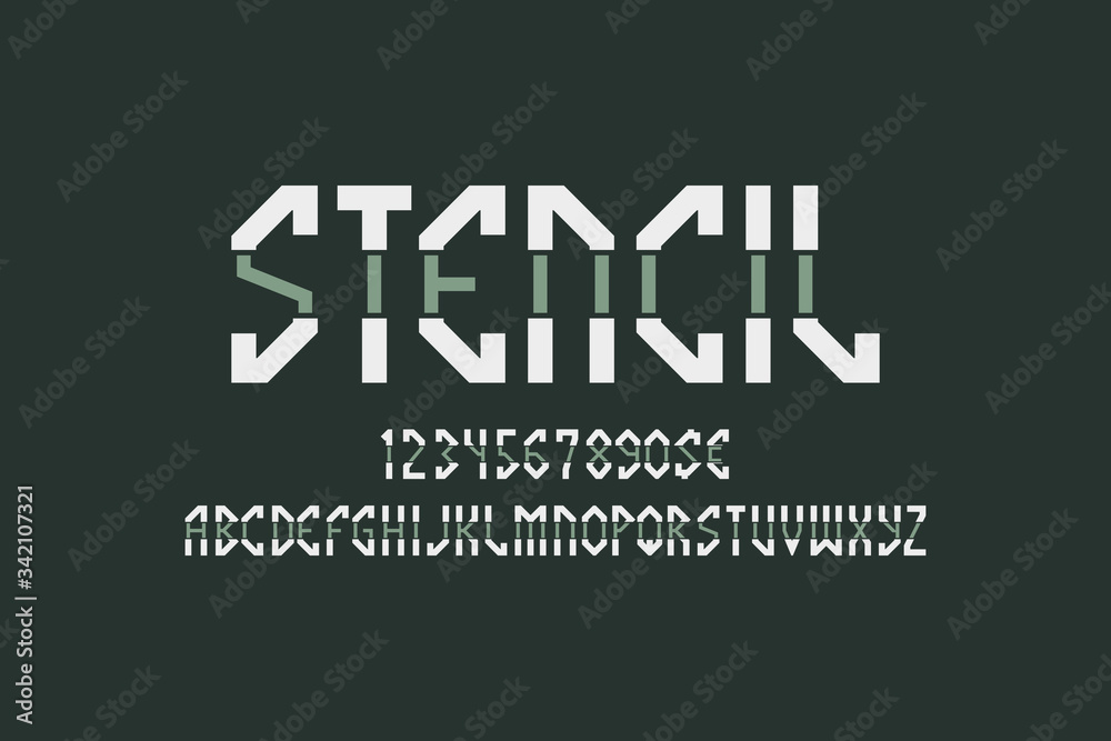 Fototapete stencil artistic display font. gray white angular letters, numbers and currency signs. isolated engl