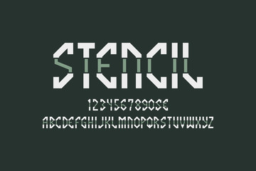 Stencil artistic display font. Gray white angular letters, numbers and currency signs. Isolated english alphabet. Vector monochrome lettering.