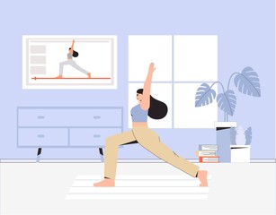 A young woman doing yoga in a cozy room with a modern interior, the concept of online yoga and stay at home. Flat style vector illustration. Online exercises live broadcast.