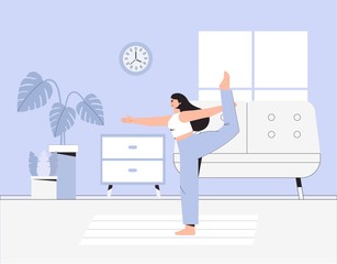 A young woman doing yoga in a cozy room with a modern interior, the concept of online yoga and stay at home. Flat style vector illustration. Sport and fitness, healthy lifestyle.