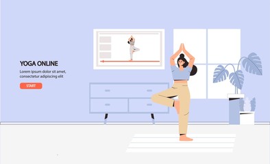 A young woman doing yoga in a cozy room with a modern interior, the concept of online yoga and stay at home. Flat style vector illustration. Sport and fitness, healthy lifestyle.