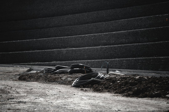 Road repair and traffic signs. Cable coil. Parapets.