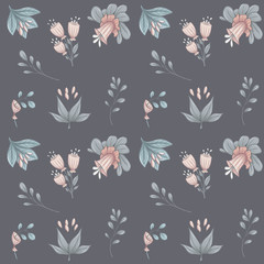 Pink flowers green leaves dark background 300 dpi digital pattern