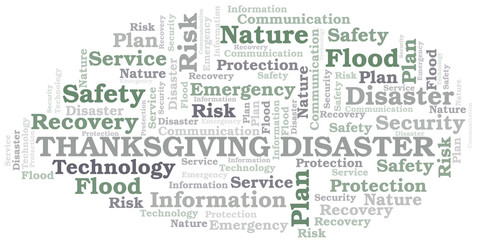 Thanksgiving Disaster typography vector word cloud.