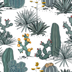 Seamless pattern with cactus plants, blue agave, and prickly pear. Perfect for your project, wedding, greeting card, photos, blogs, wallpaper, textile, texture and more © Toltemara