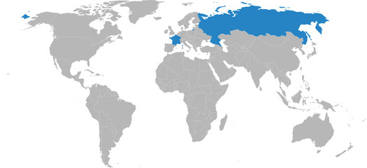 France, russia highlighted on world map. Light gray background. Business concepts, diplomatic, travel, trade and transport relations.