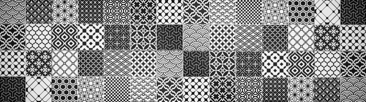  Gray white anthracite black vintage retro geometric square mosaic motif cement tiles texture background banner panorama