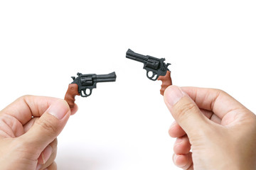 Couple Tiny Model Pistol Gun Hold by Hand on White Background                                   