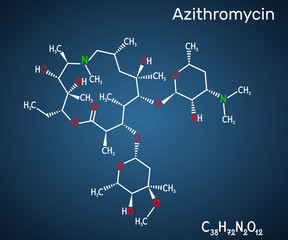 Azithromycin molecule. It is macrolide antibiotic. Сombination of azithromycin and antimalarial drug hydroxychloroquine is used to treat COVID-19. Structural chemical formula