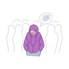 Lonely person in a crowd - cartoon teenager feeling alone among people.