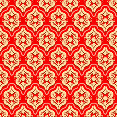 Seamless brocade pattern of rococo swirls and floral motifs elements ornament. Baroque ornamental tracery background. Luxury ornate vintage red backdrop for interior design.