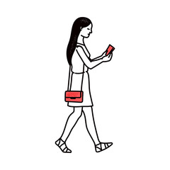 Woman walking with smartphone sketch cartoon vector illustration isolated.