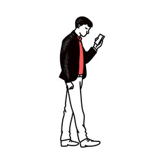 Cartoon man looking at smartphone screen - side view of person with phone