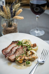 Pork roast meat with mushroom sauce, potatoes