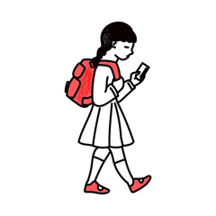 Child school girl walking with smartphone, cartoon vector illustration isolated.